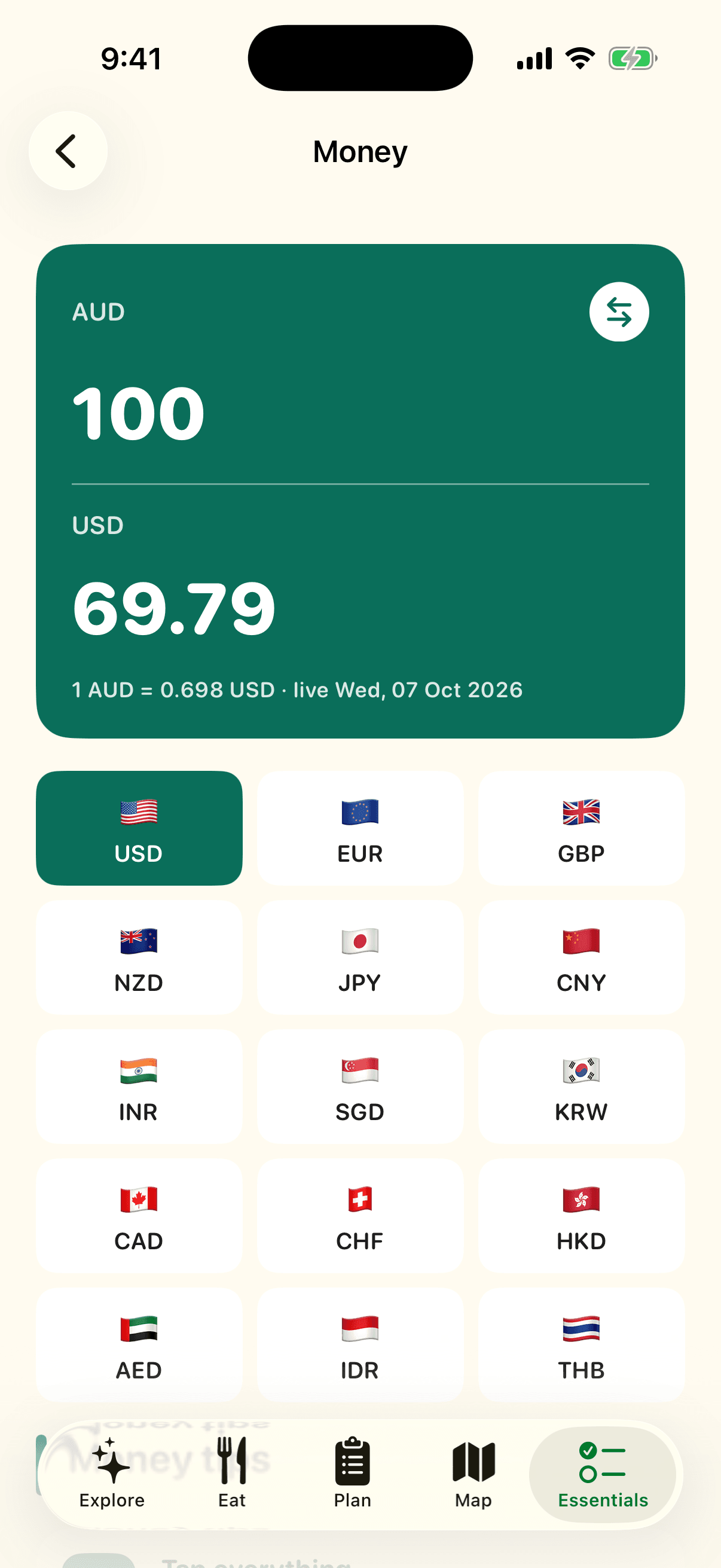 Money screen of the VisitAustralia app