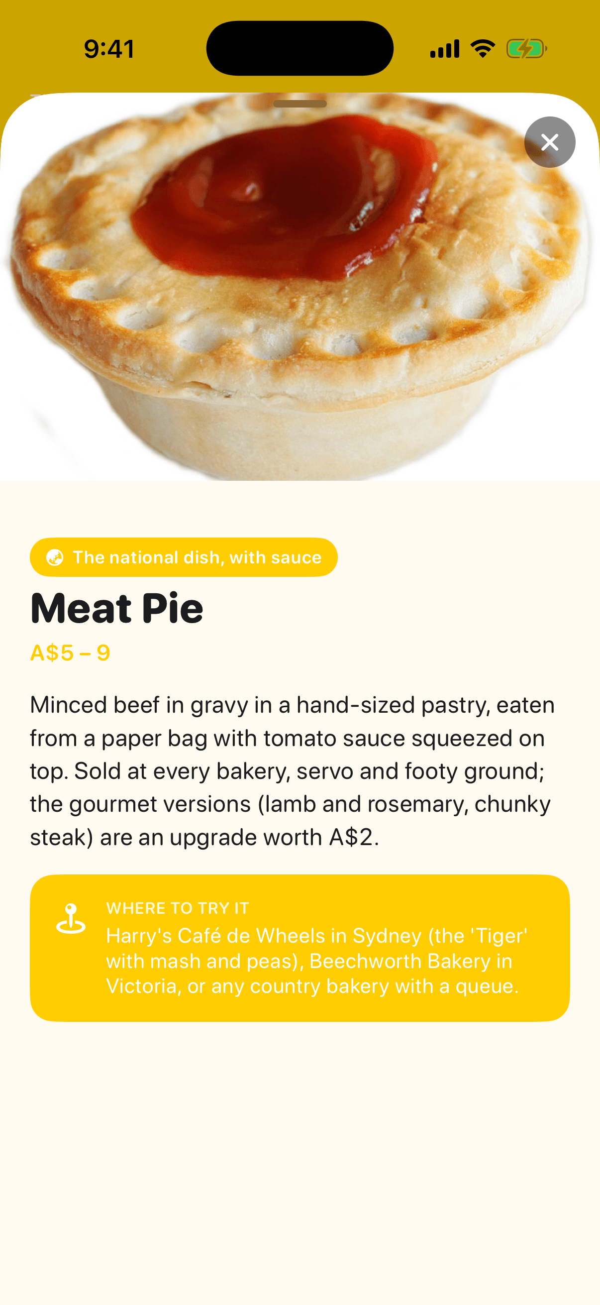 Dish stories screen of the VisitAustralia app