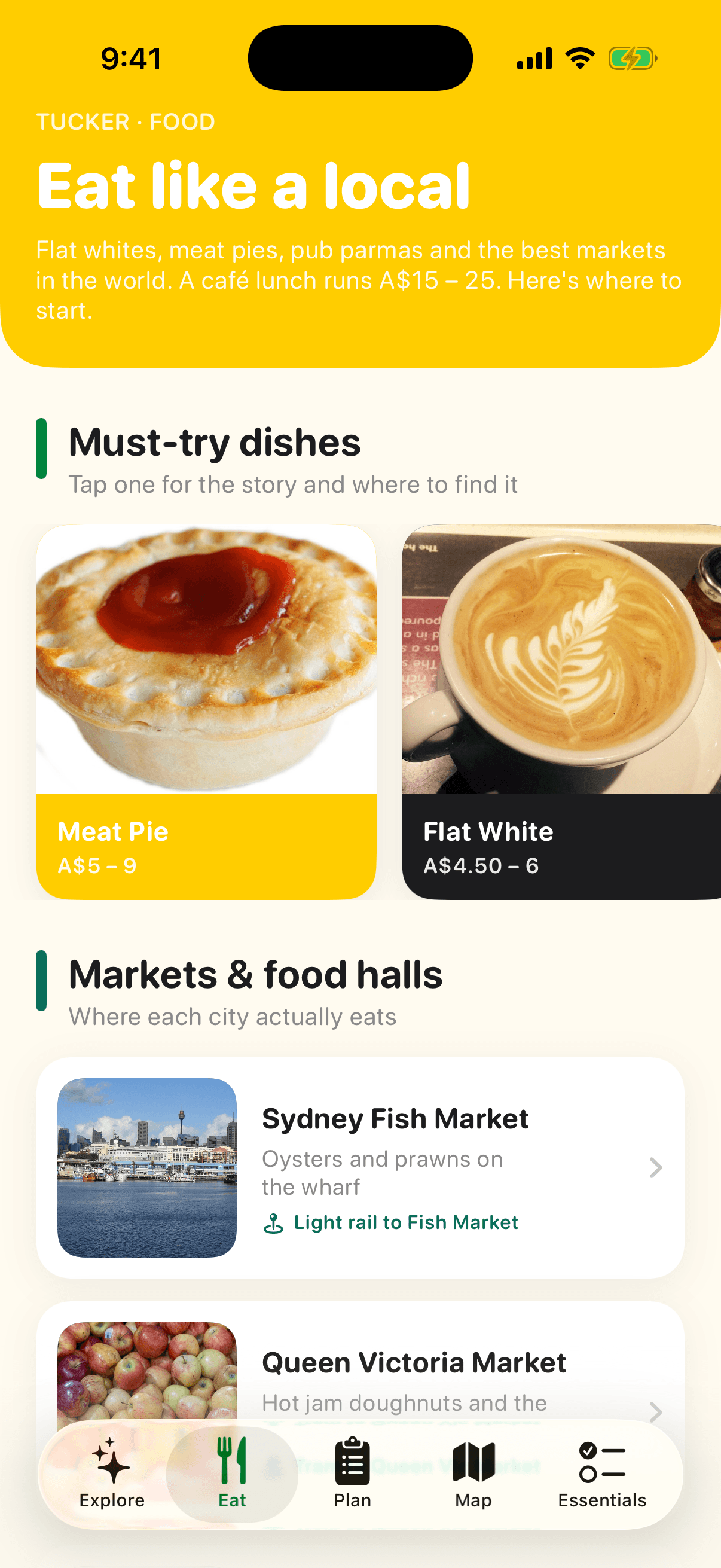 Eat tab with must-try dishes and markets