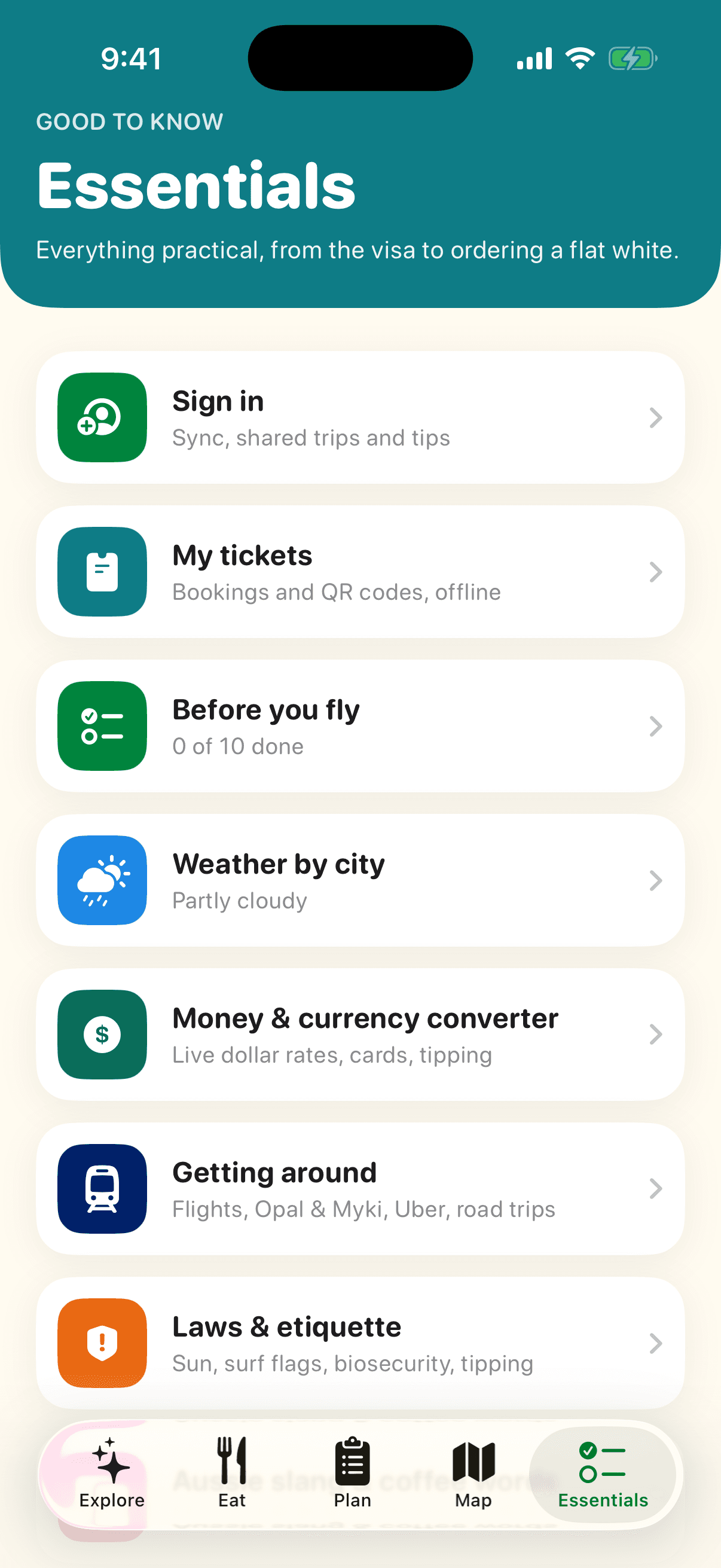 Essentials screen of the VisitAustralia app