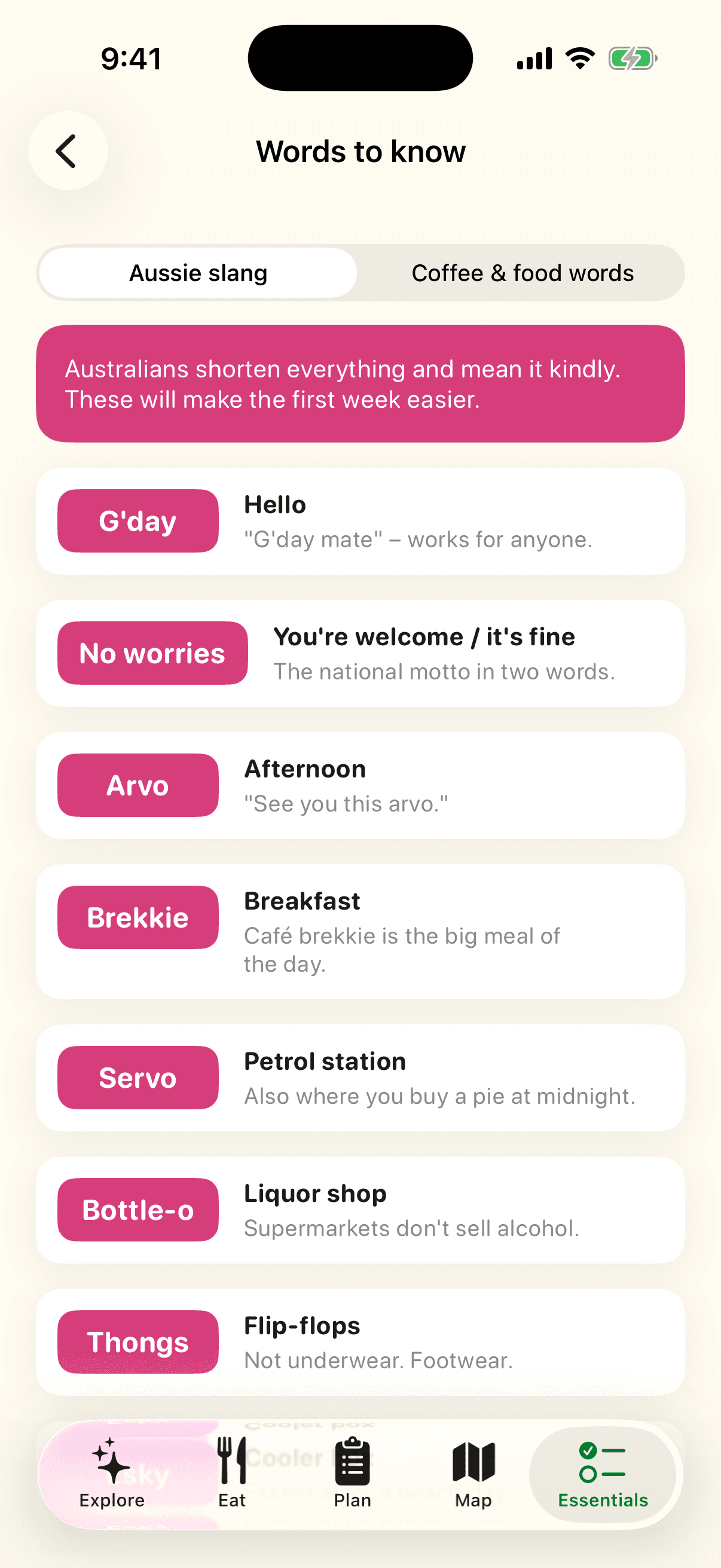 Aussie slang & coffee words screen of the VisitAustralia app